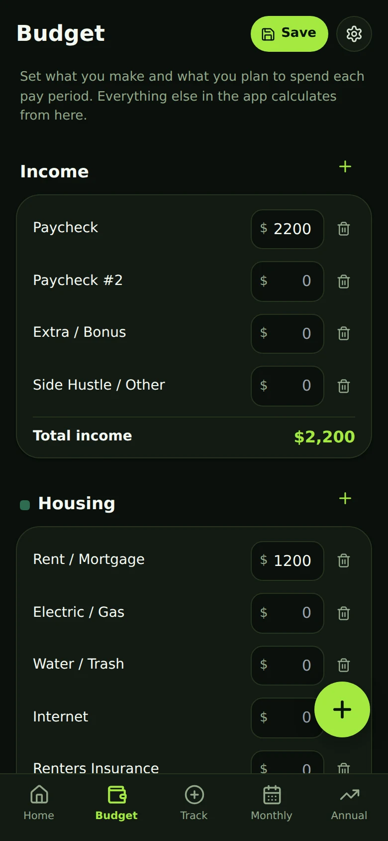 The budget screen: income lines totalling $2,200, then housing expenses listed line by line with editable amounts.