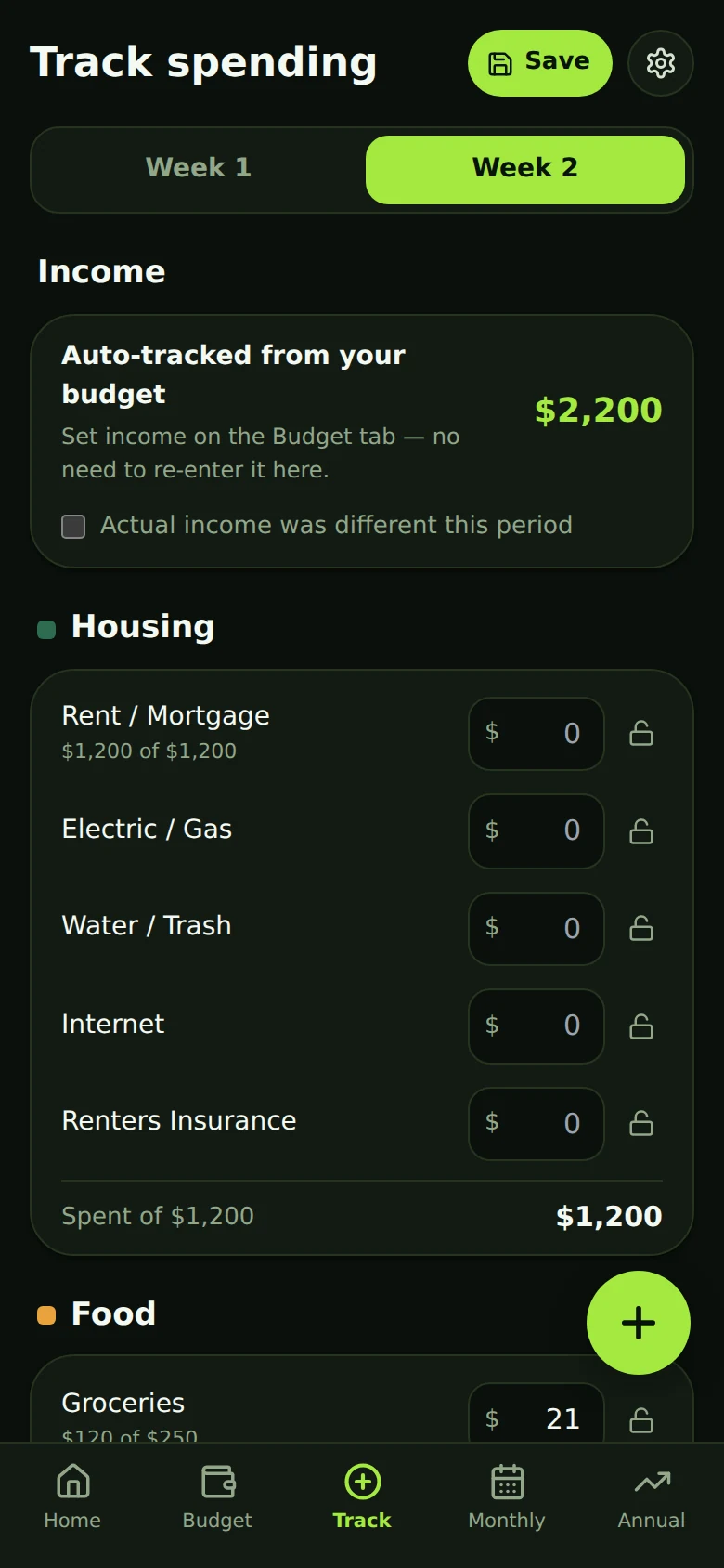 The track screen: Week 2 selected — the half of the period today falls in — income auto-tracked at $2,200, and housing lines showing what's been spent against each budgeted amount.
